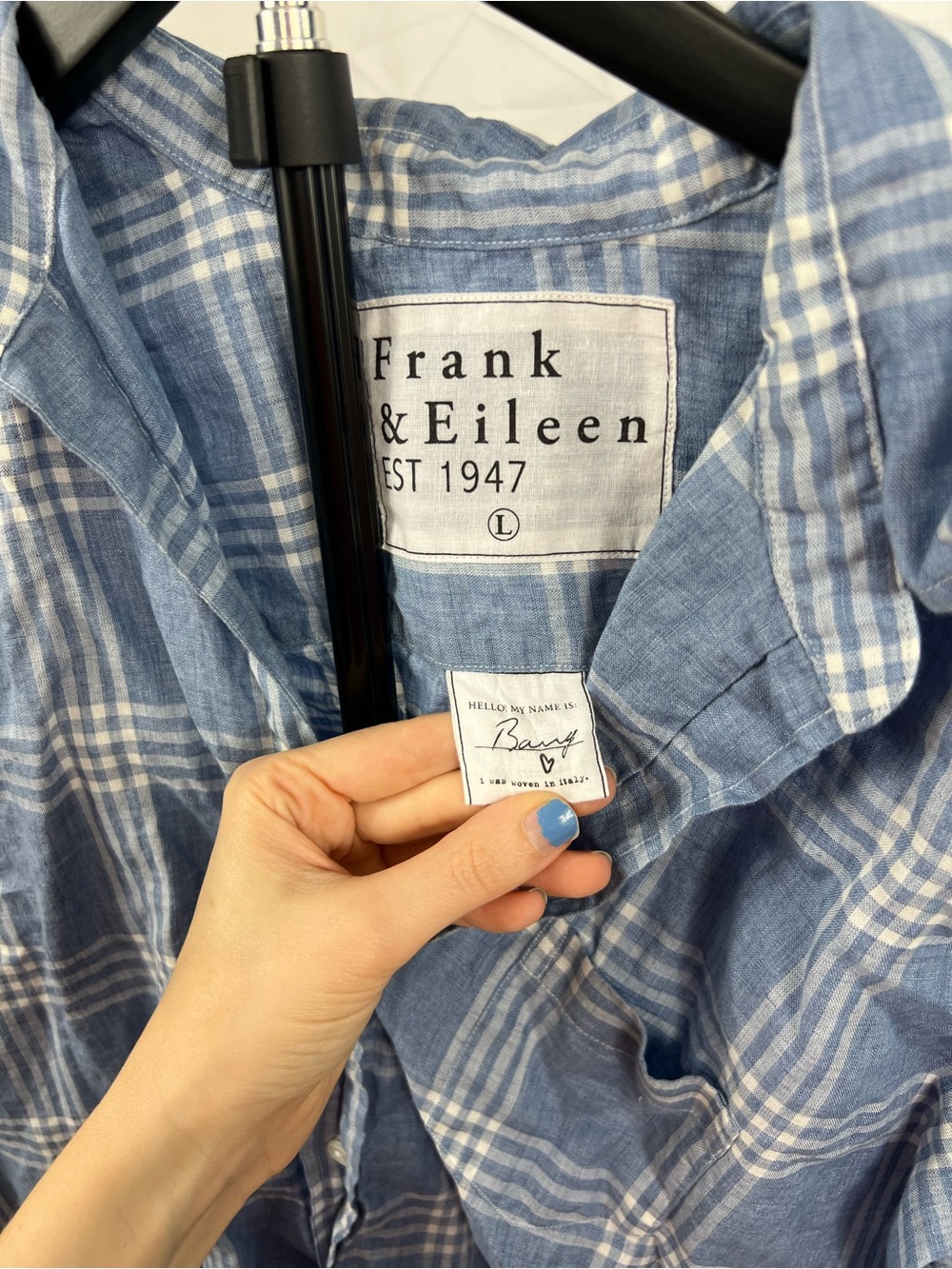 Frank & Eileen Barry Italian Linen Blue Plaid Button Down Shirt Size Large